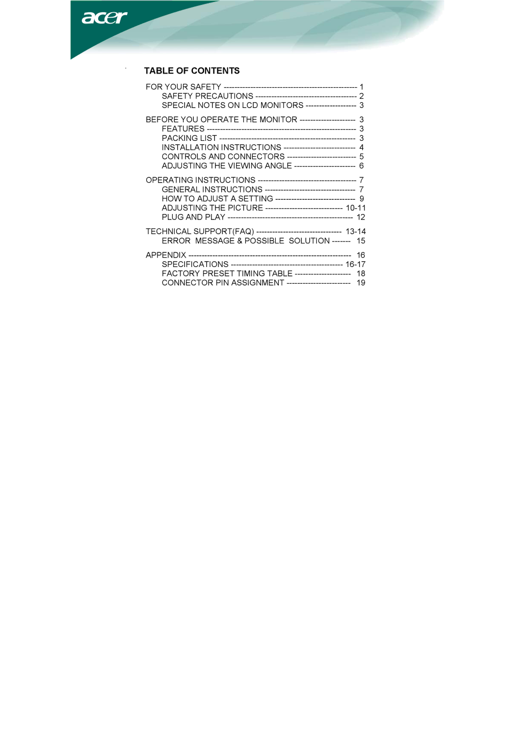 Acer AL1951 installation instructions Table of Contents 