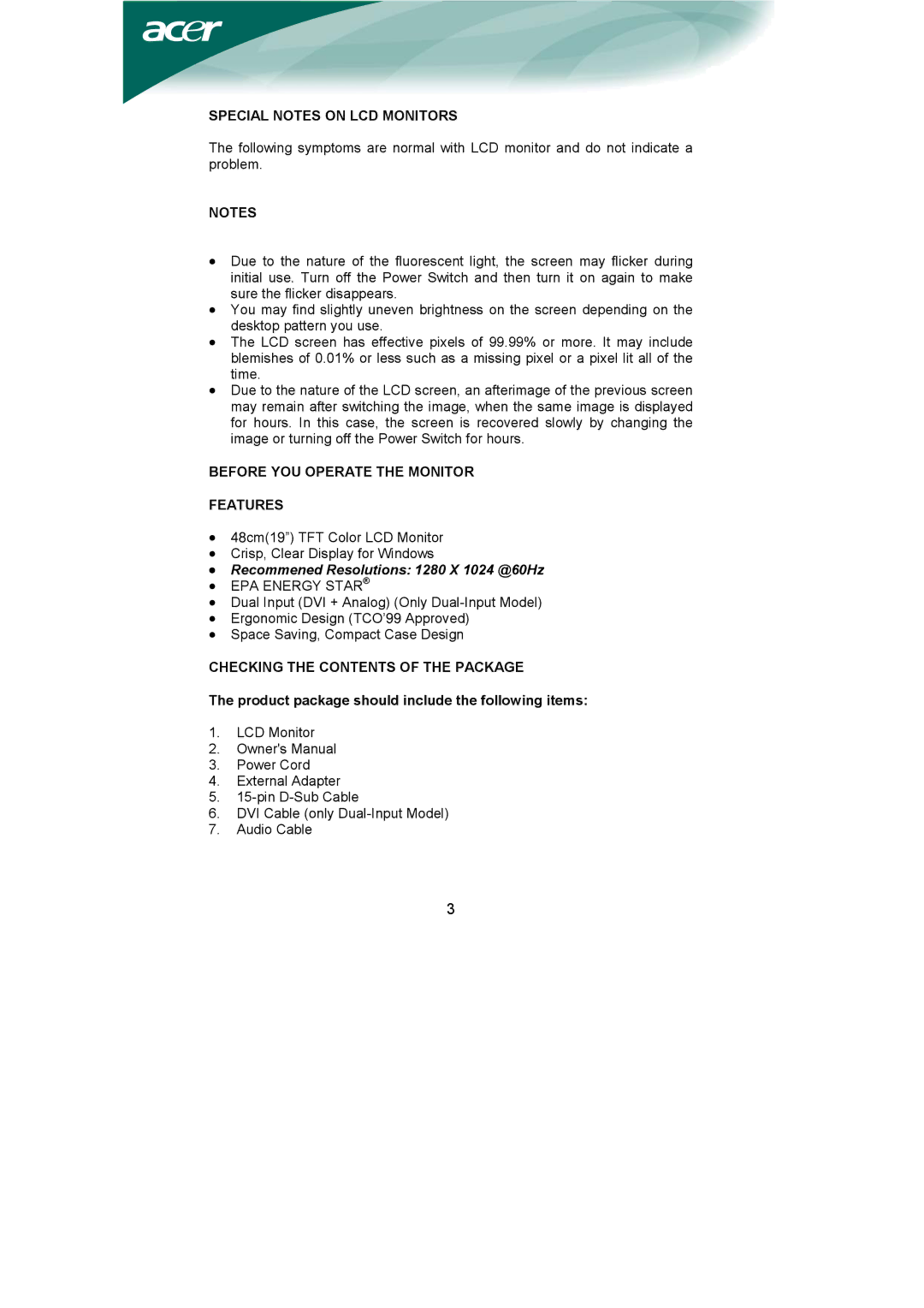 Acer AL1951 Special Notes on LCD Monitors, Before YOU Operate the Monitor Features, Checking the Contents of the Package 