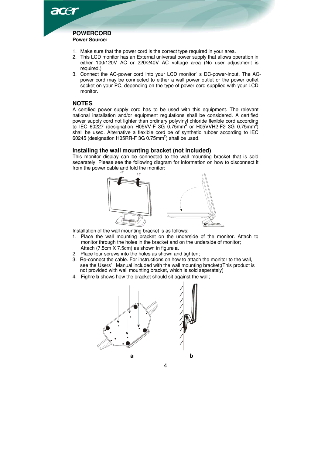 Acer AL1951 installation instructions Powercord, Power Source 