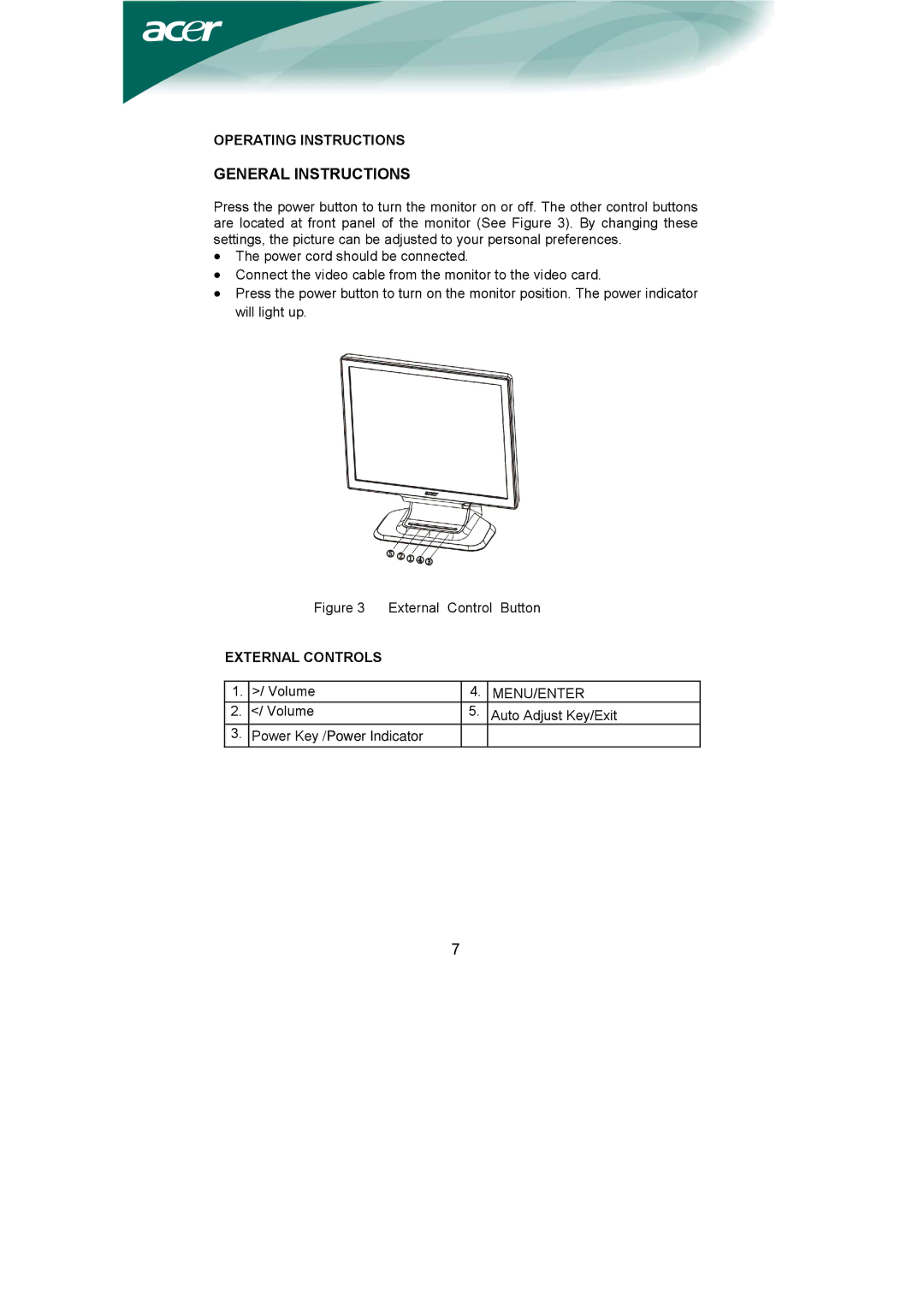 Acer AL1951 installation instructions General Instructions, Operating Instructions, External Controls, Menu/Enter 