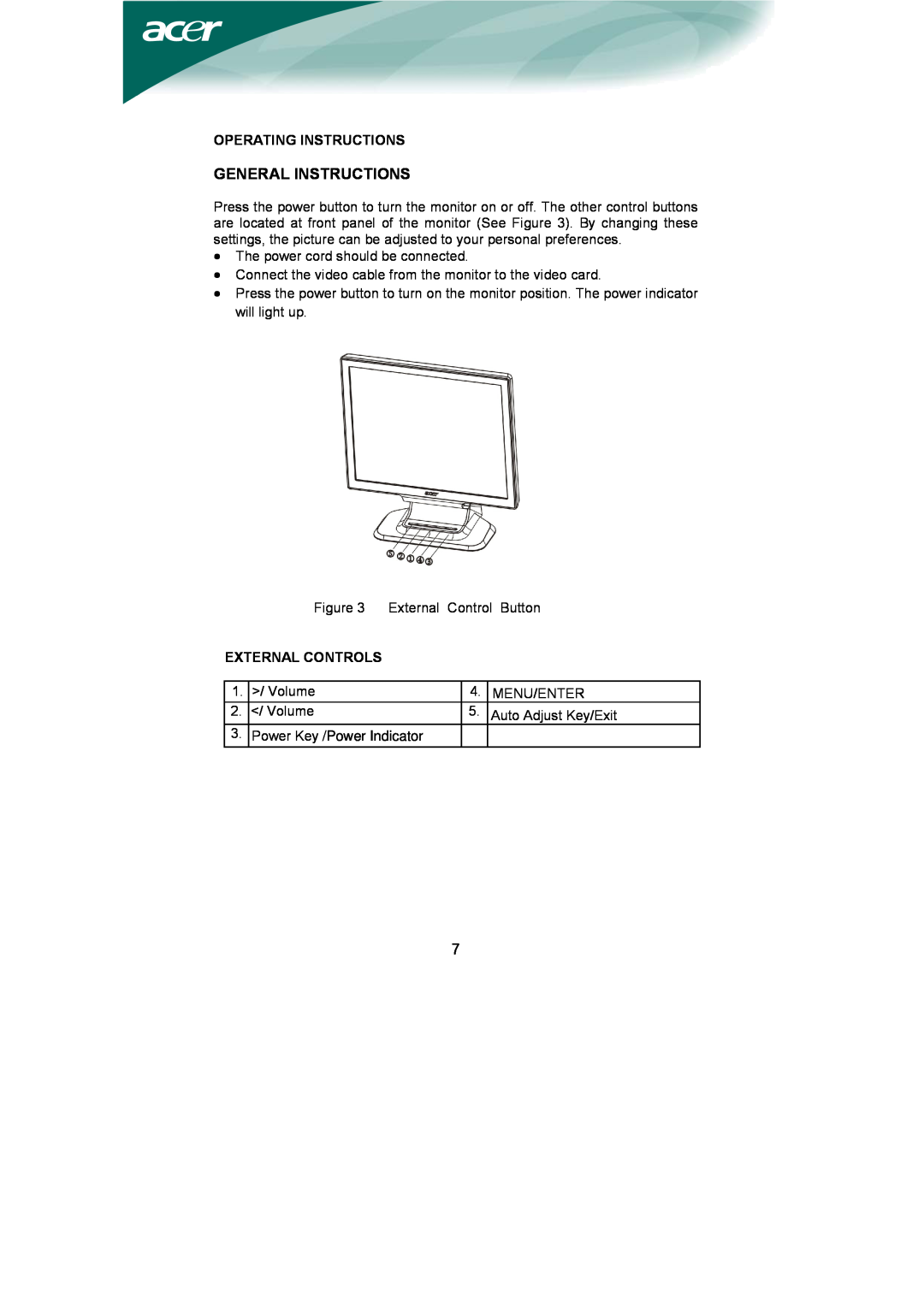 Acer AL1951 installation instructions General Instructions, Operating Instructions, External Controls 
