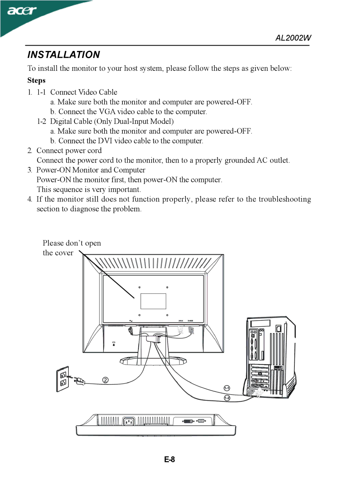 Acer al200 user manual Installation, Steps 