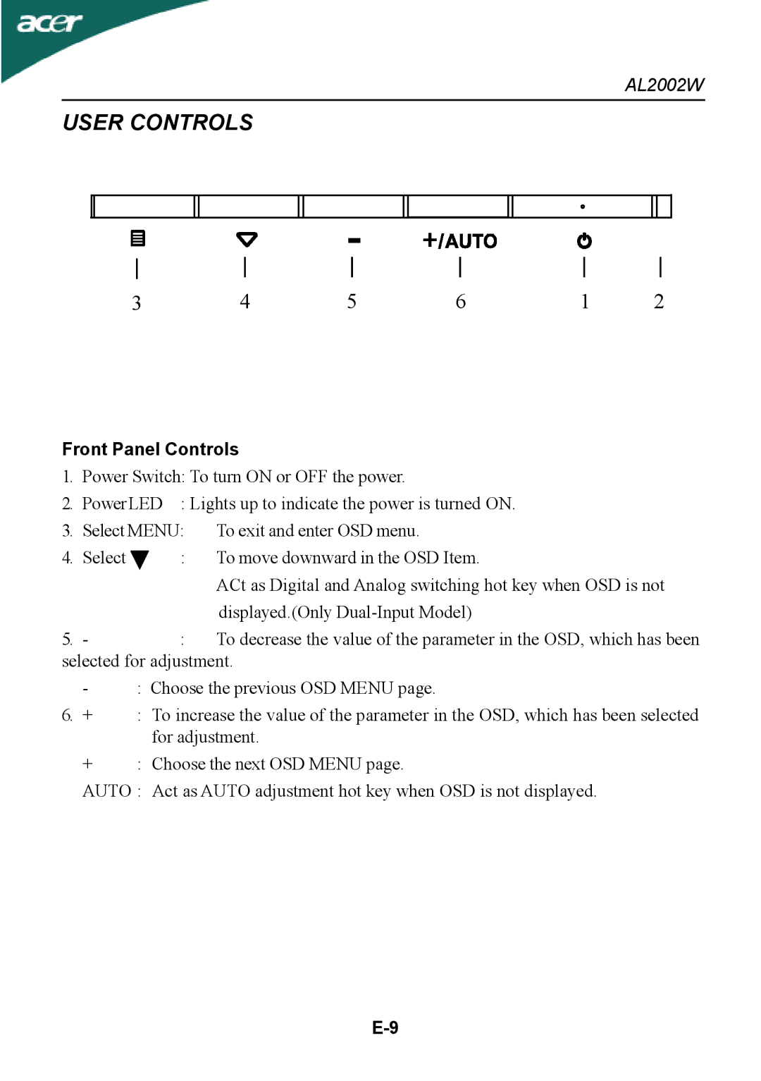 Acer al200 user manual User Controls, Front Panel Controls 