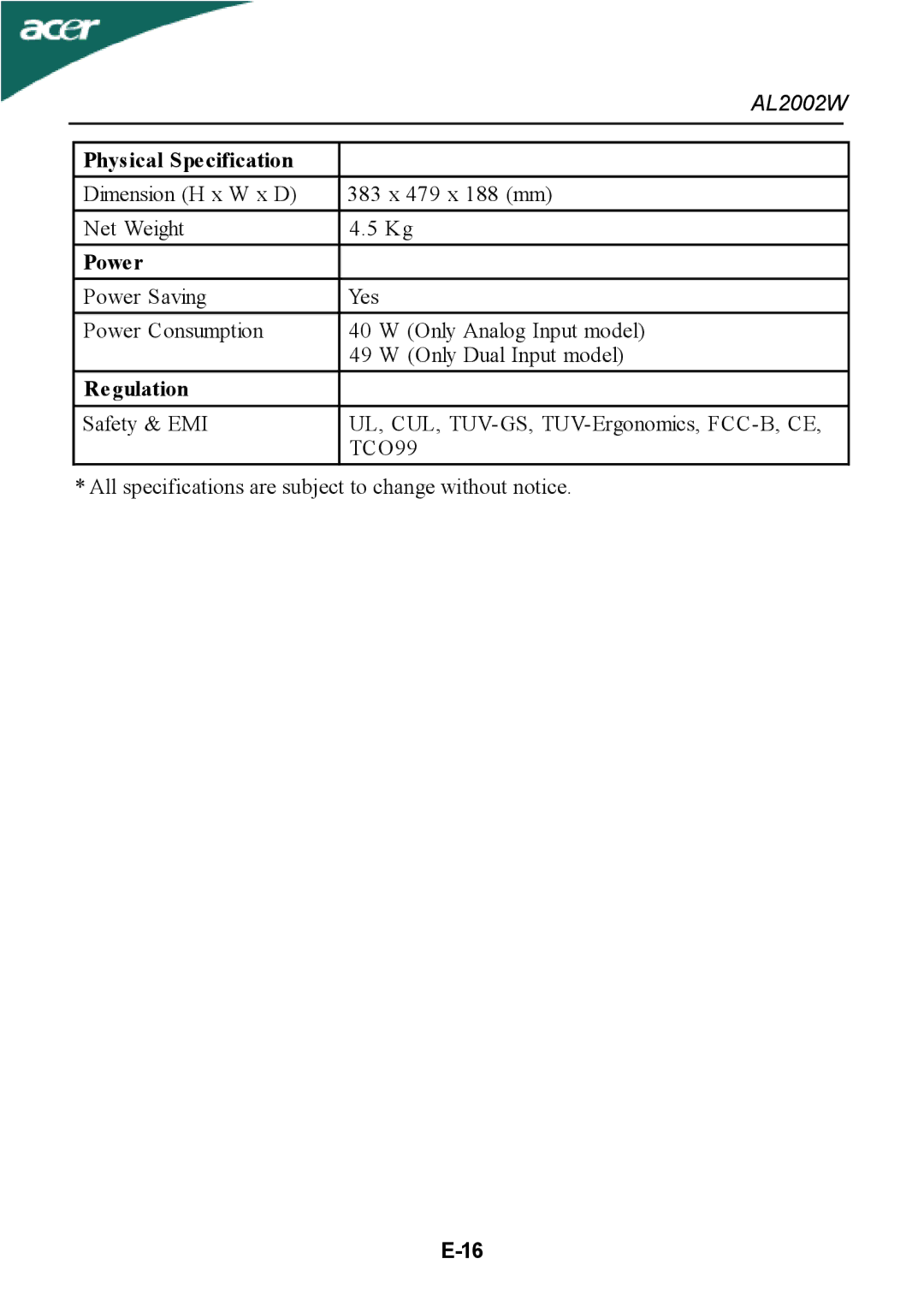 Acer al200 user manual Physical Specification, Regulation 