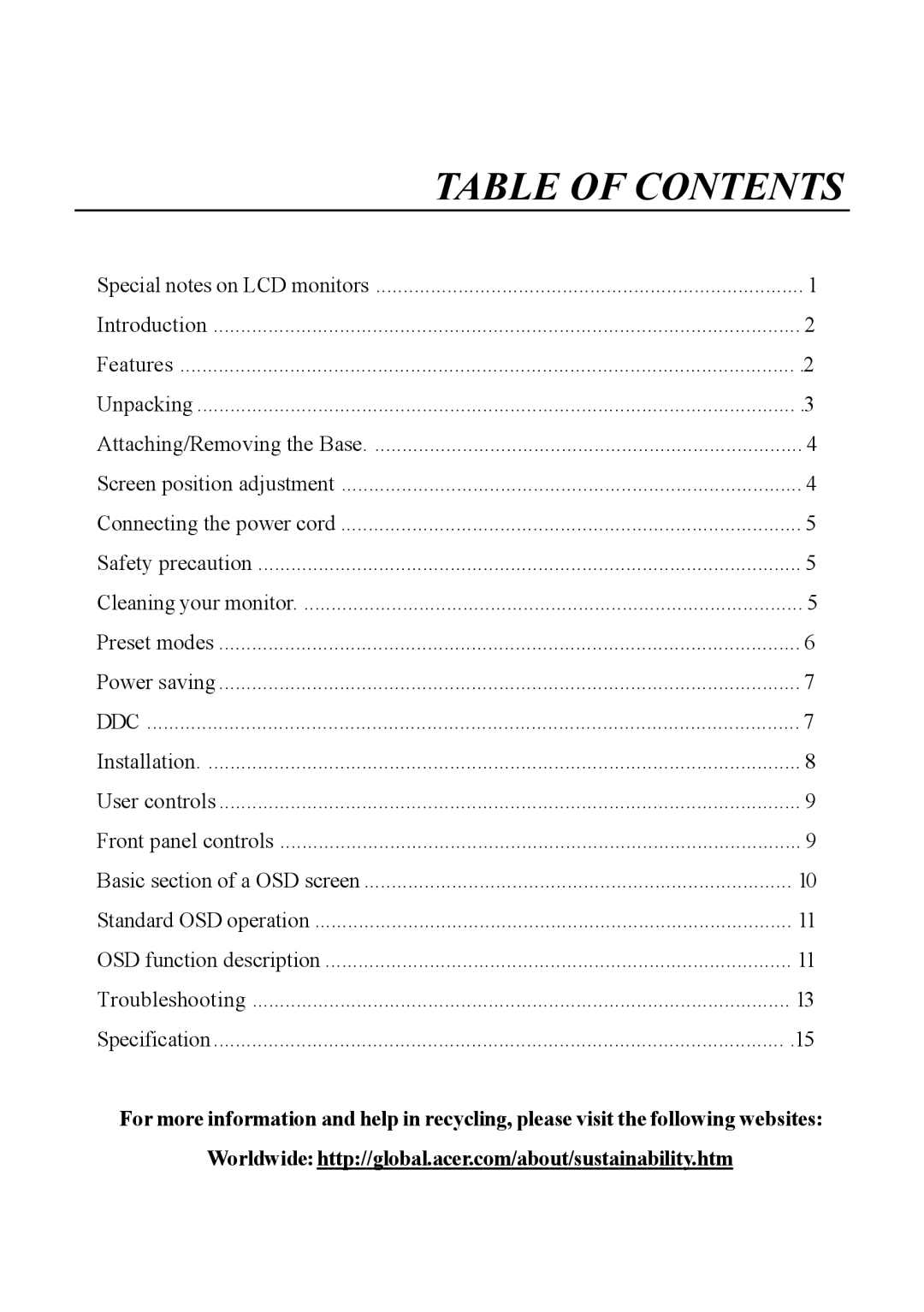 Acer al200 user manual Table of Contents 