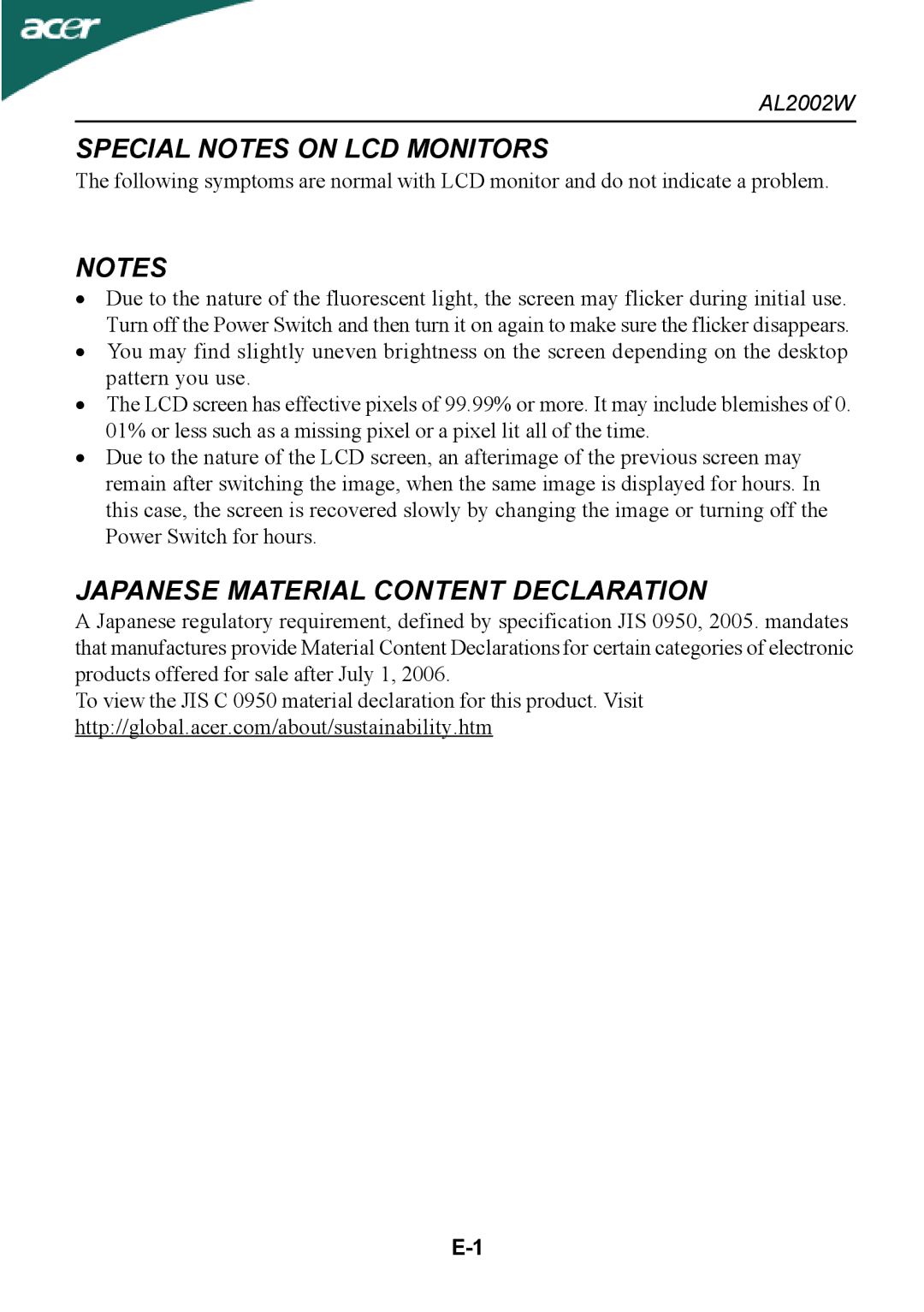 Acer al200 user manual Special Notes on LCD Monitors, Japanese Material Content Declaration 