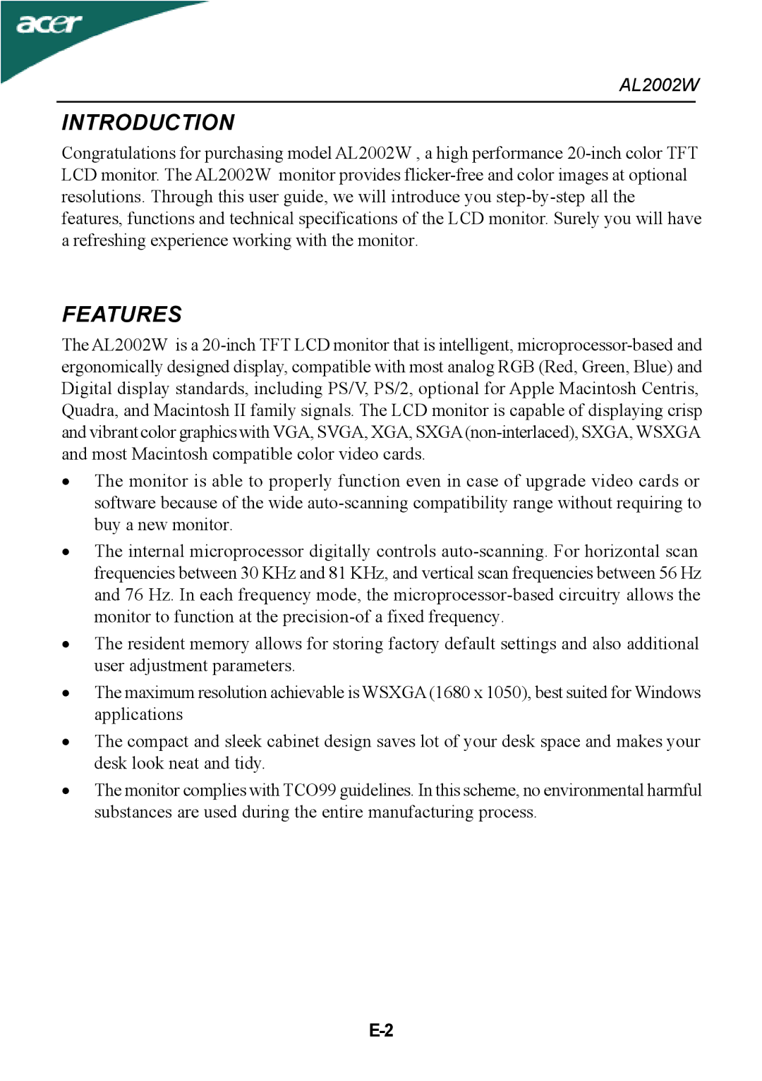 Acer al200 user manual Introduction, Features 