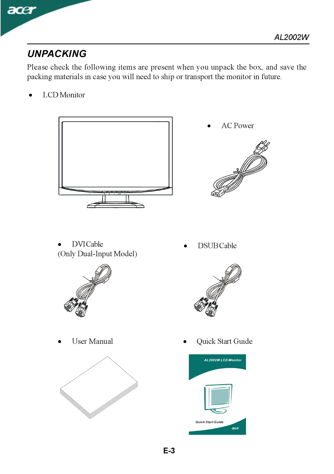 Acer al200 user manual Unpacking 