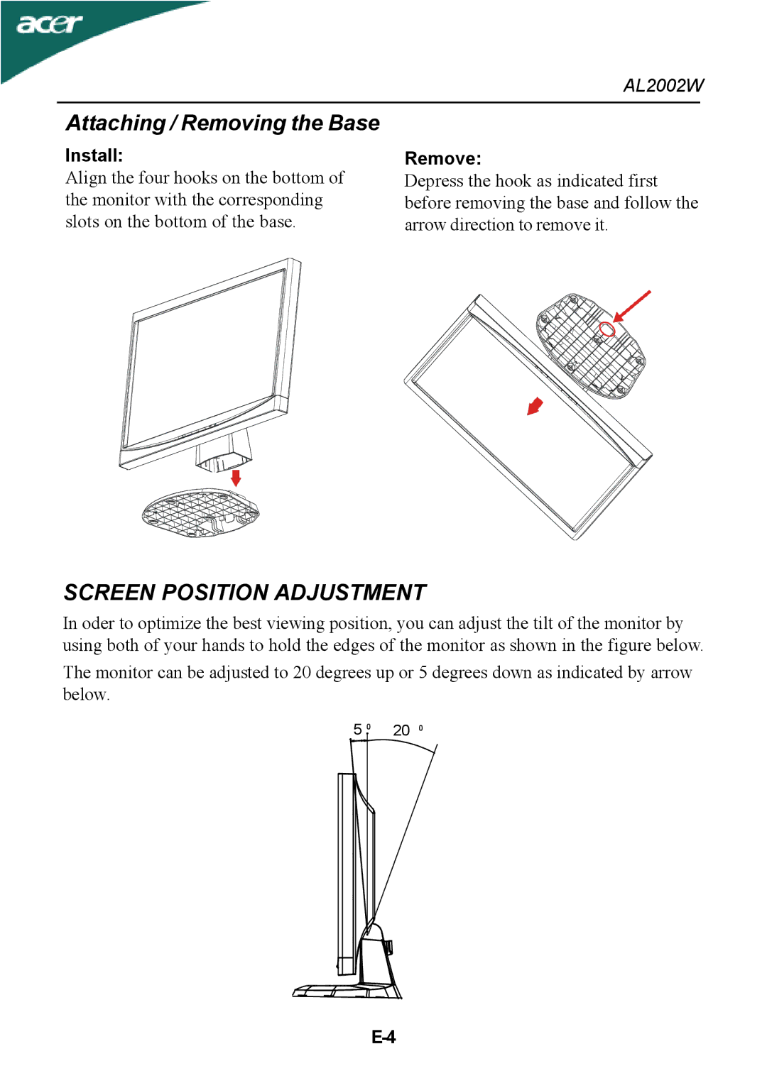 Acer al200 user manual Screen Position Adjustment, Install, Remove 