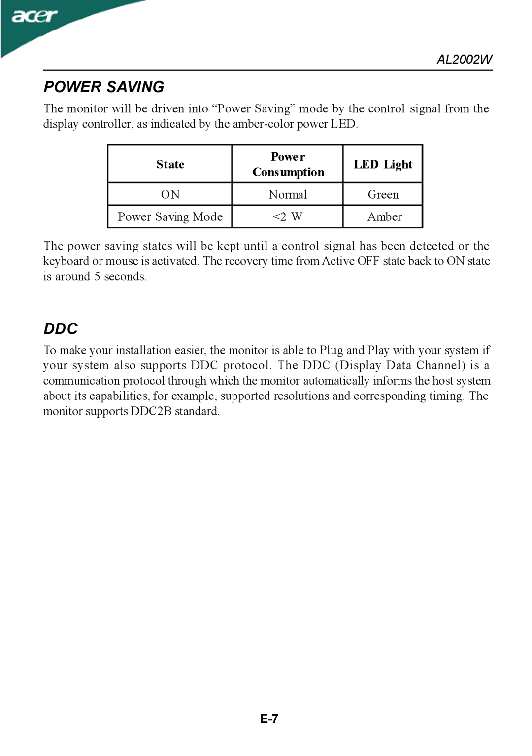 Acer al200 user manual Power Saving, Ddc, State Power LED Light Consumption 