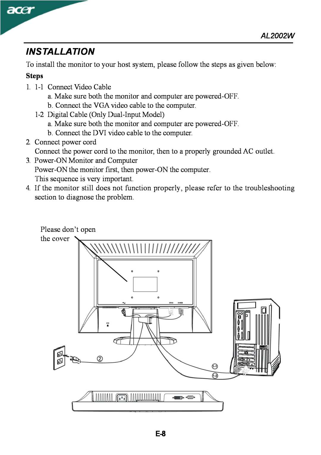 Acer al200 user manual Installation, Steps, AL2002W 