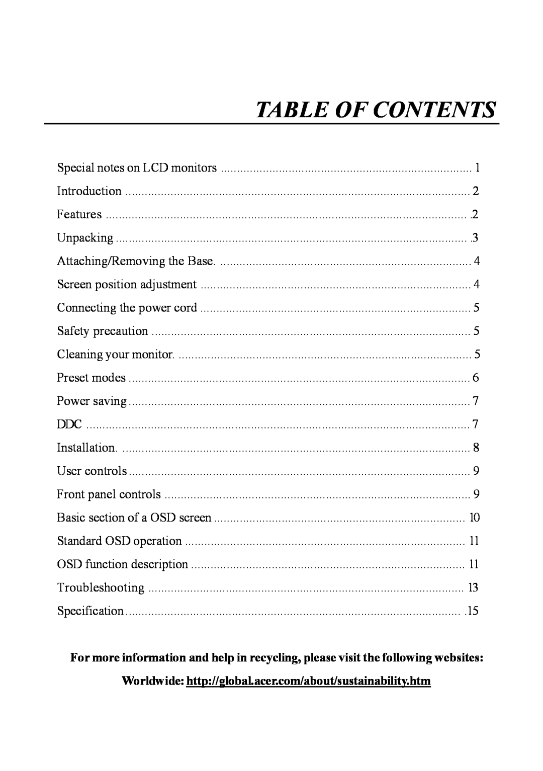 Acer al200 user manual Worldwide http//global.acer.com/about/sustainability.htm, Table Of Contents 