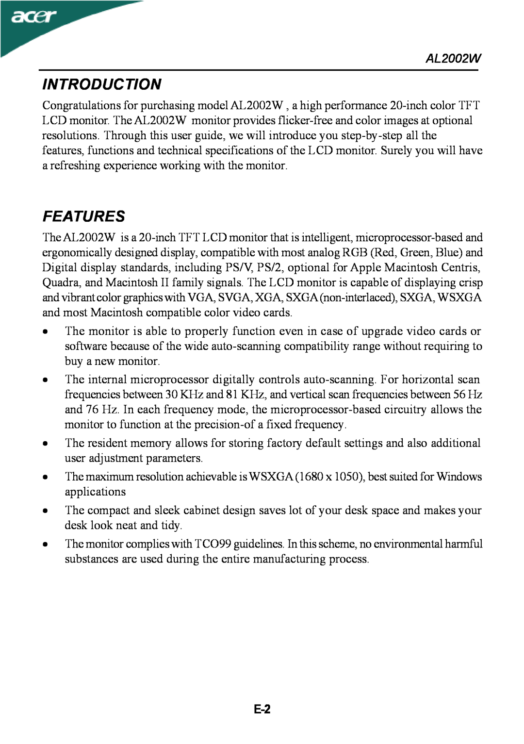 Acer al200 user manual Introduction, Features, AL2002W 