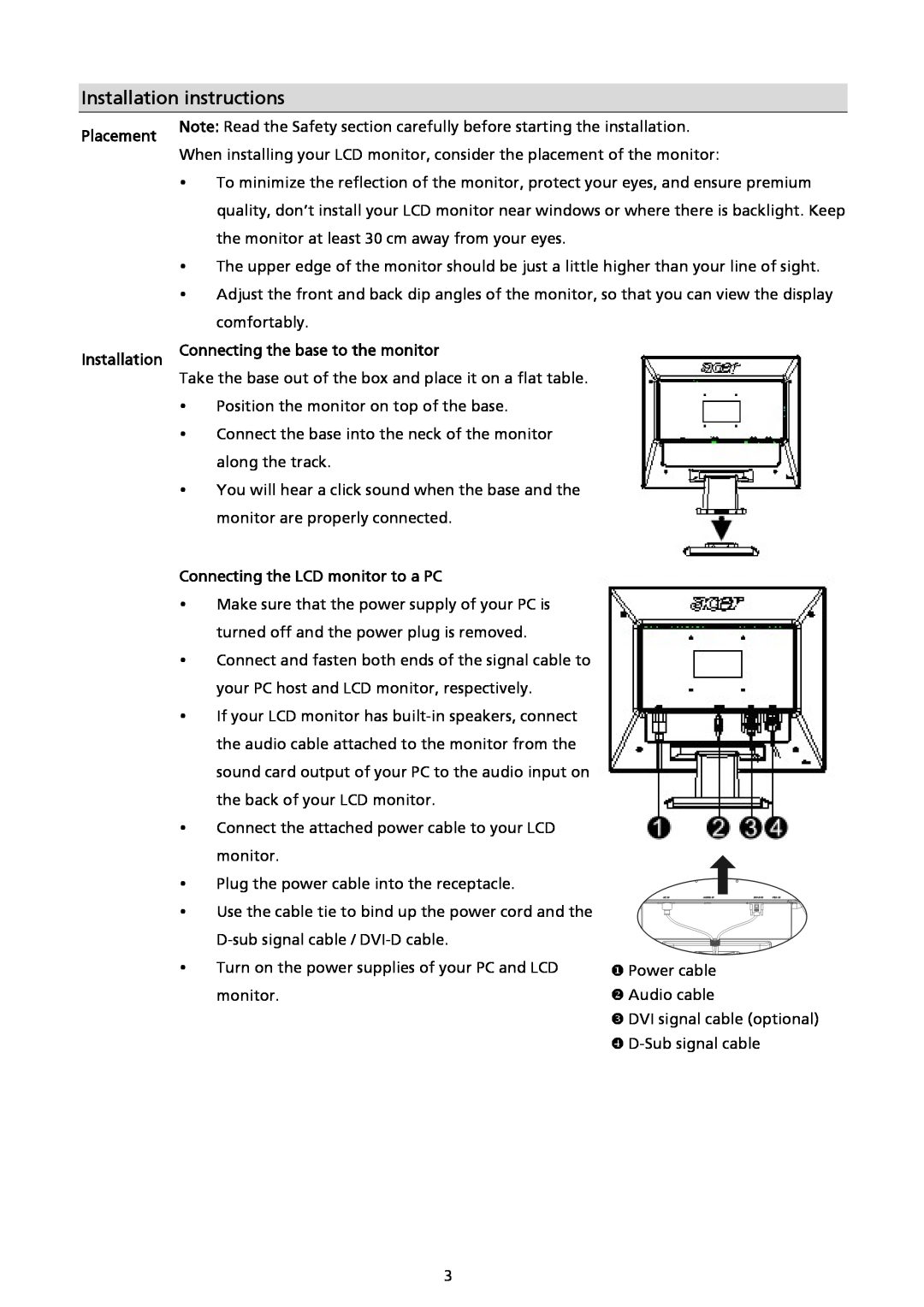 Acer AL2017 Installation instructions, Placement, Connecting the base to the monitor, Connecting the LCD monitor to a PC 