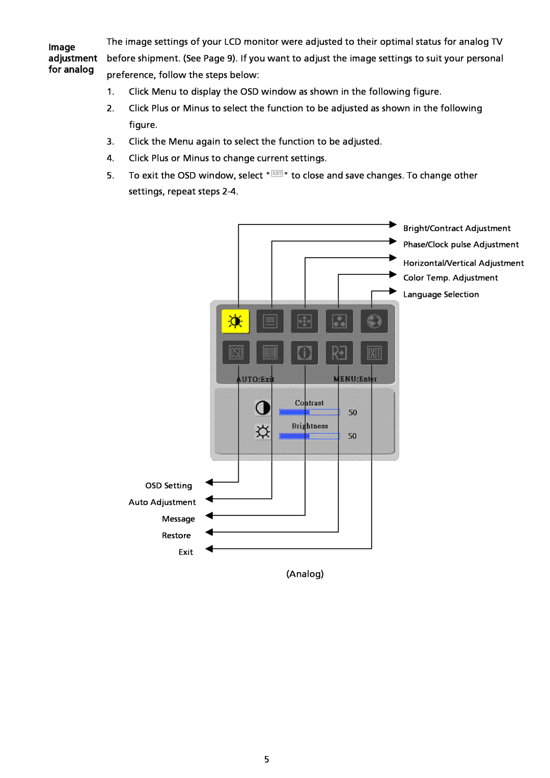Acer AL2017 installation instructions Image adjustment for analog 