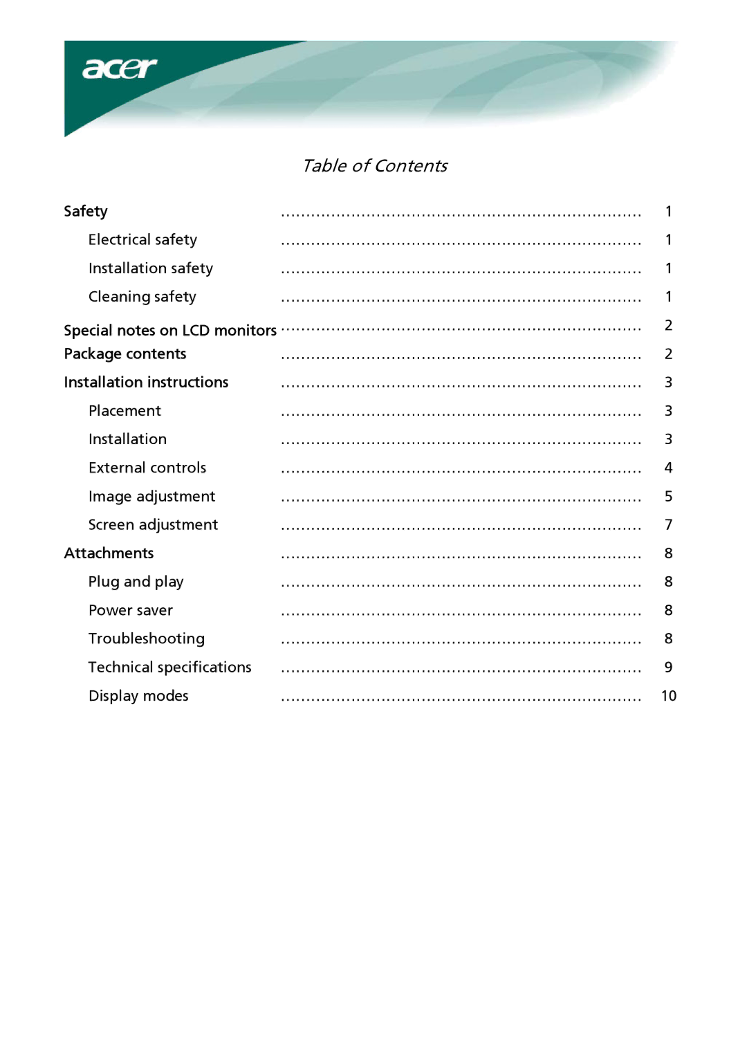 Acer AL2017 installation instructions Table of Contents 