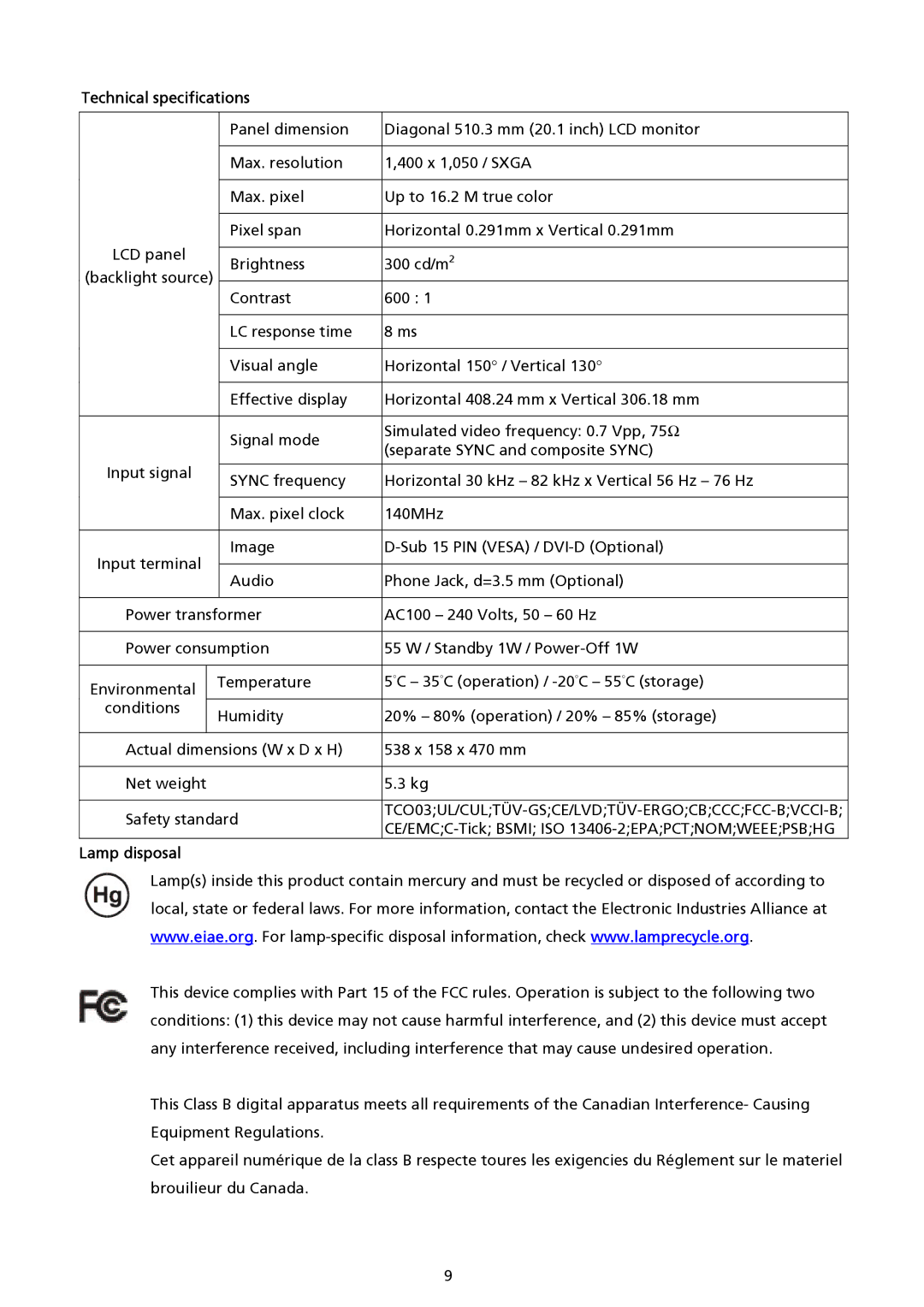 Acer AL2017 installation instructions Technical specifications, Lamp disposal 