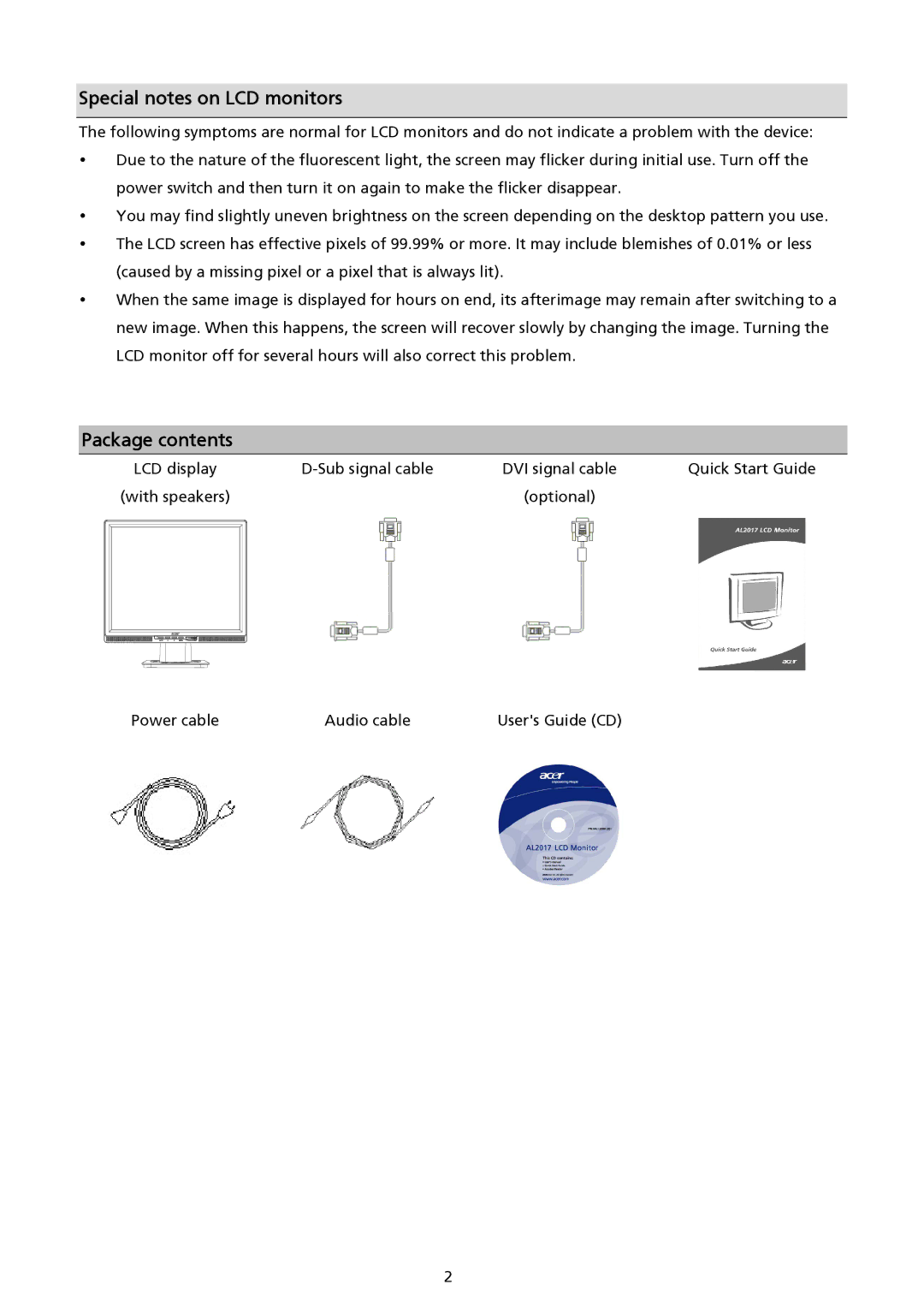 Acer AL2017 installation instructions Special notes on LCD monitors 