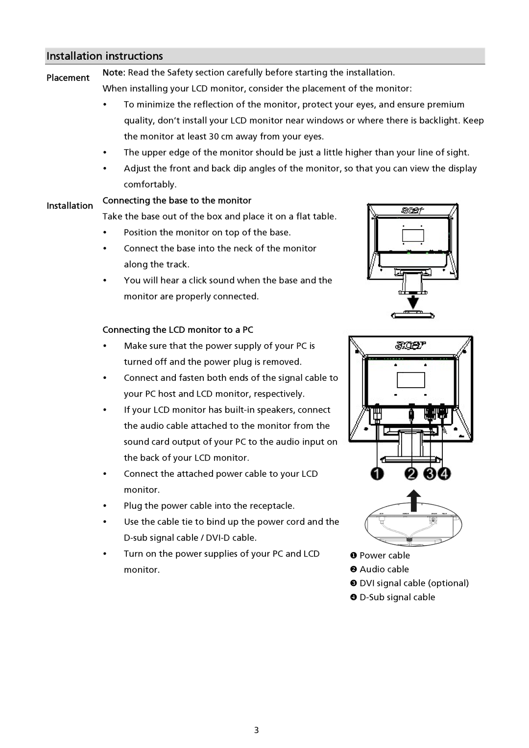 Acer AL2017 Placement, Installation Connecting the base to the monitor, Connecting the LCD monitor to a PC 