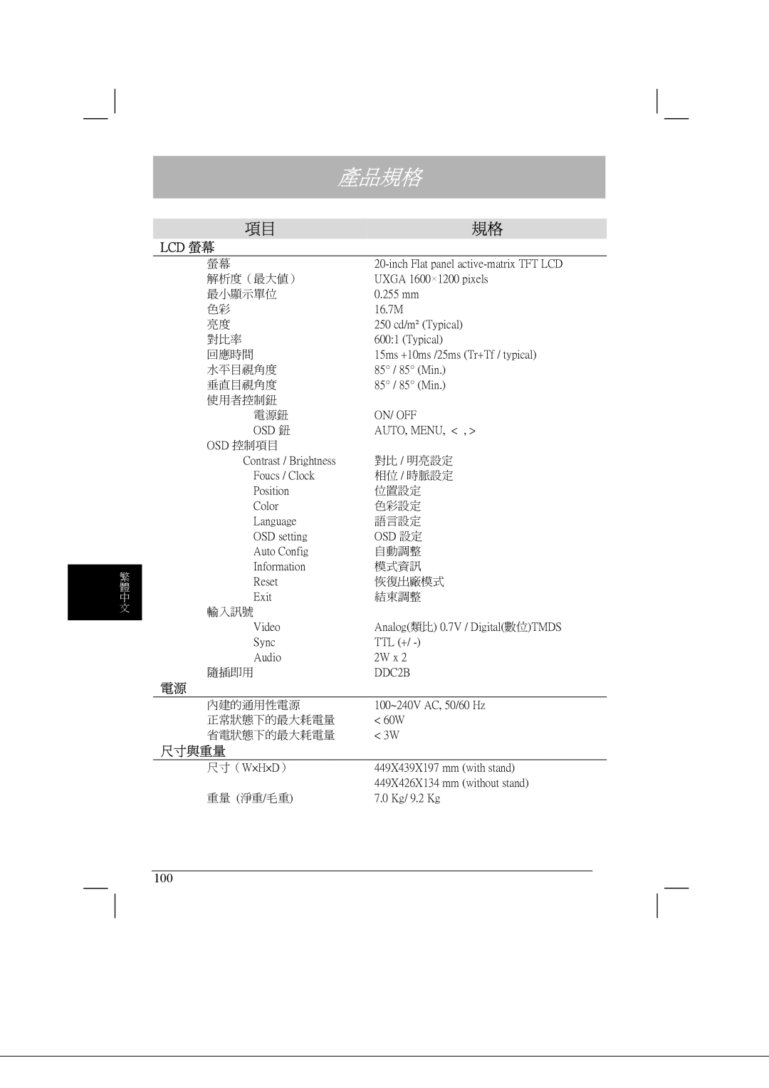 Acer AL2021 manual 產品規格 