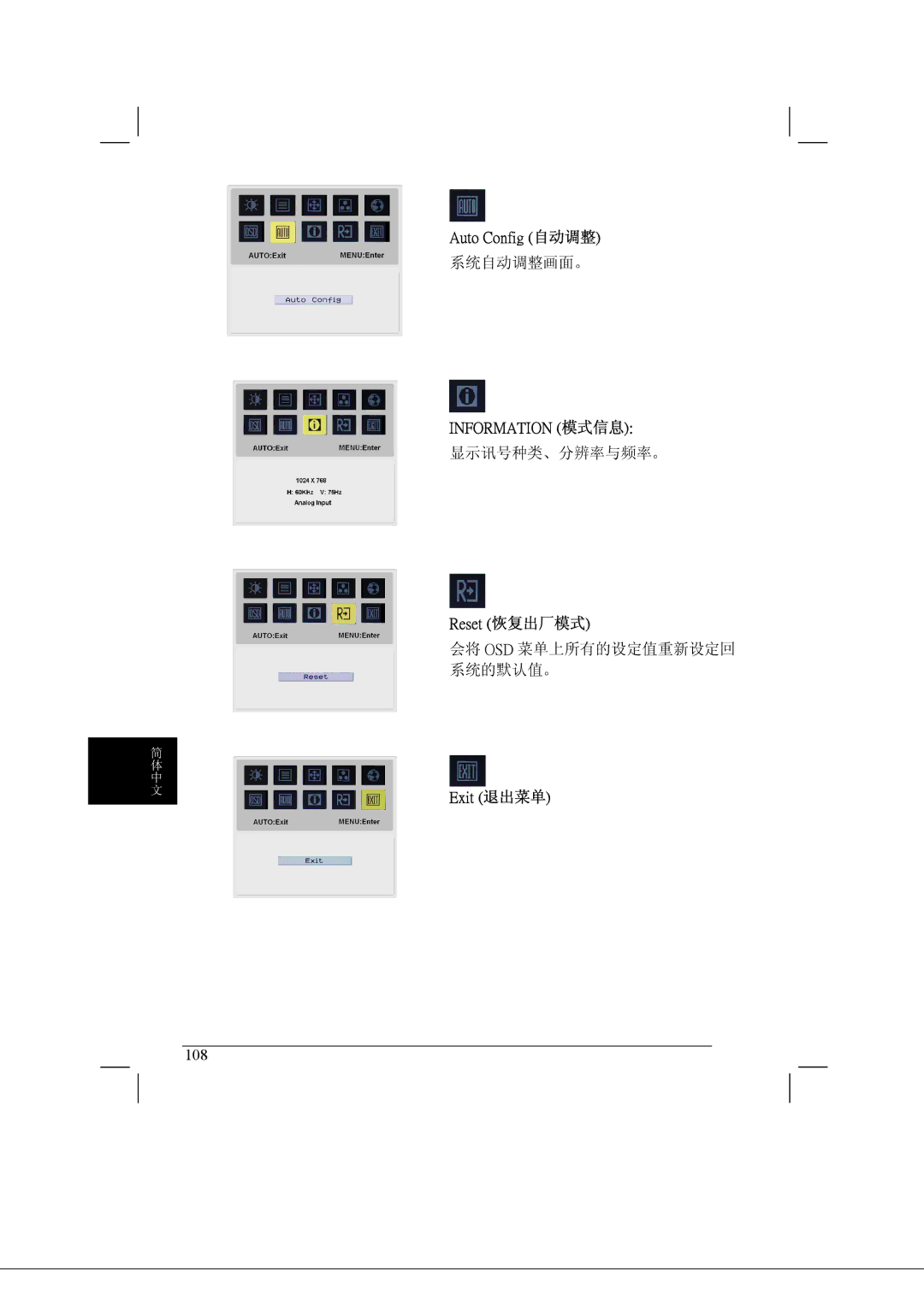 Acer AL2021 manual Auto Config 自动调整 