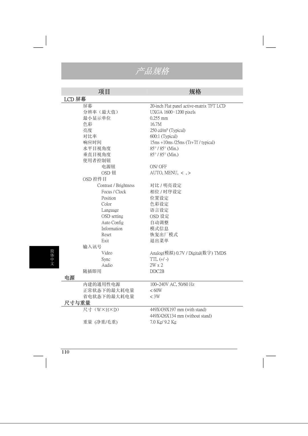 Acer AL2021 manual 产品规格 