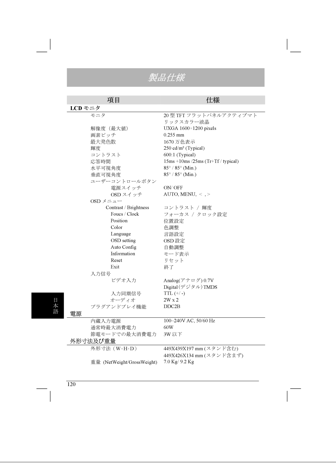 Acer AL2021 manual 製品仕様, Lcd モニタ 