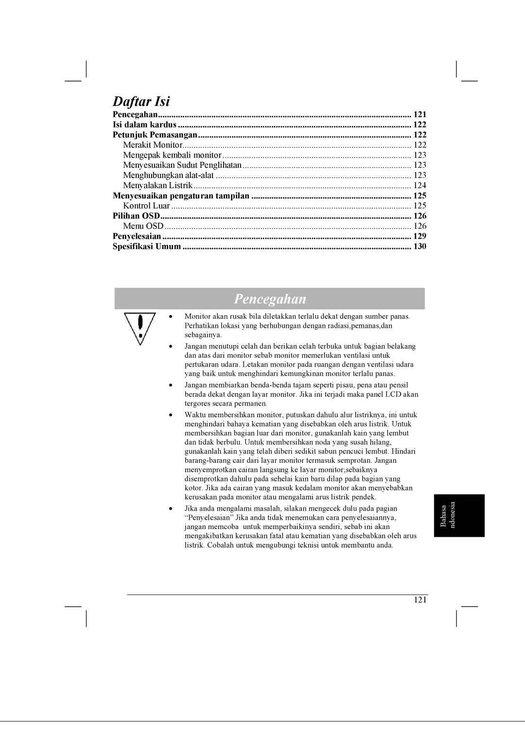 Acer AL2021 manual Daftar Isi, Pencegahan 