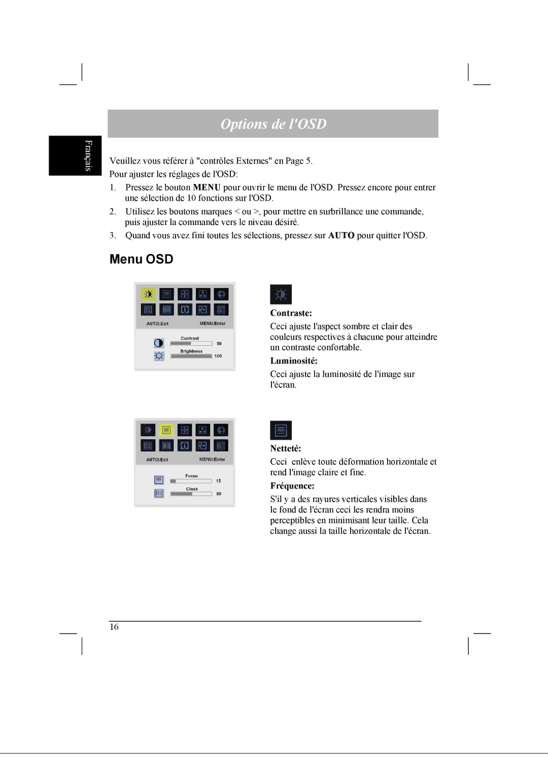 Acer AL2021 manual Options de lOSD, Menu OSD 