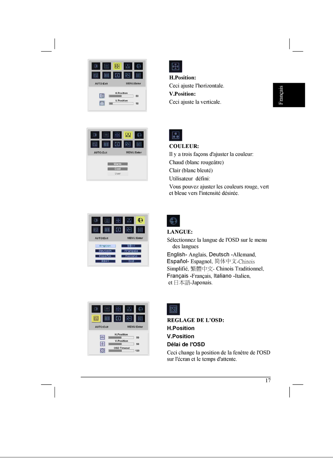 Acer AL2021 manual Couleur, Langue, Reglage DE Losd 