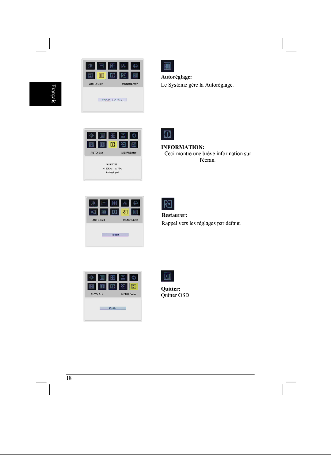 Acer AL2021 manual Autoréglage, Restaurer, Quitter 