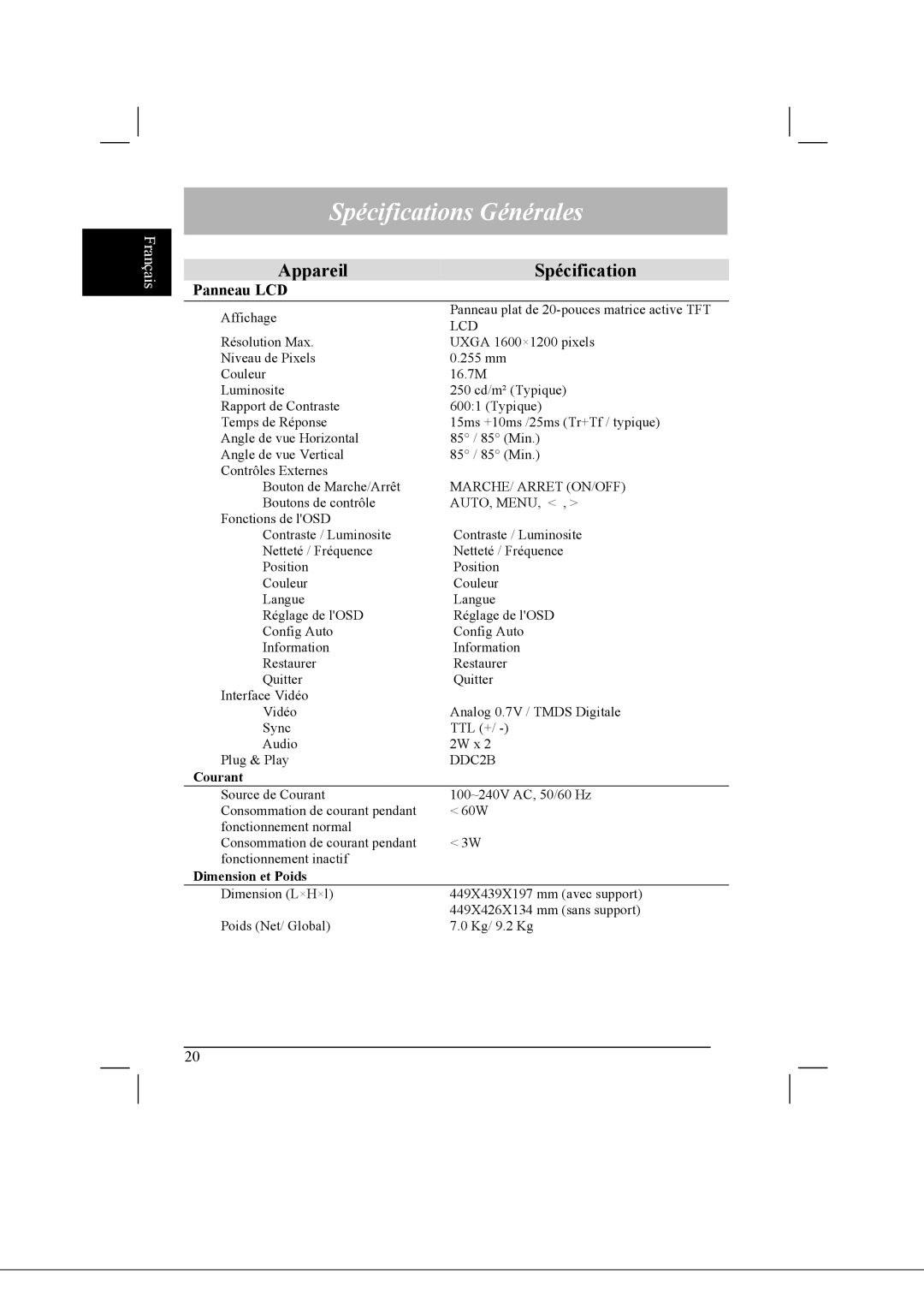 Acer AL2021 manual Spécifications Générales, Appareil Spécification, Panneau LCD 