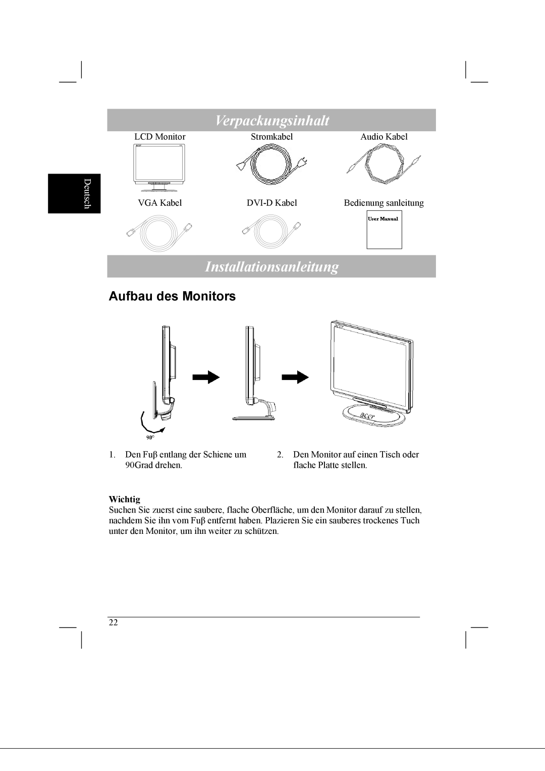 Acer AL2021 manual Verpackungsinhalt, Installationsanleitung, Aufbau des Monitors, Wichtig 