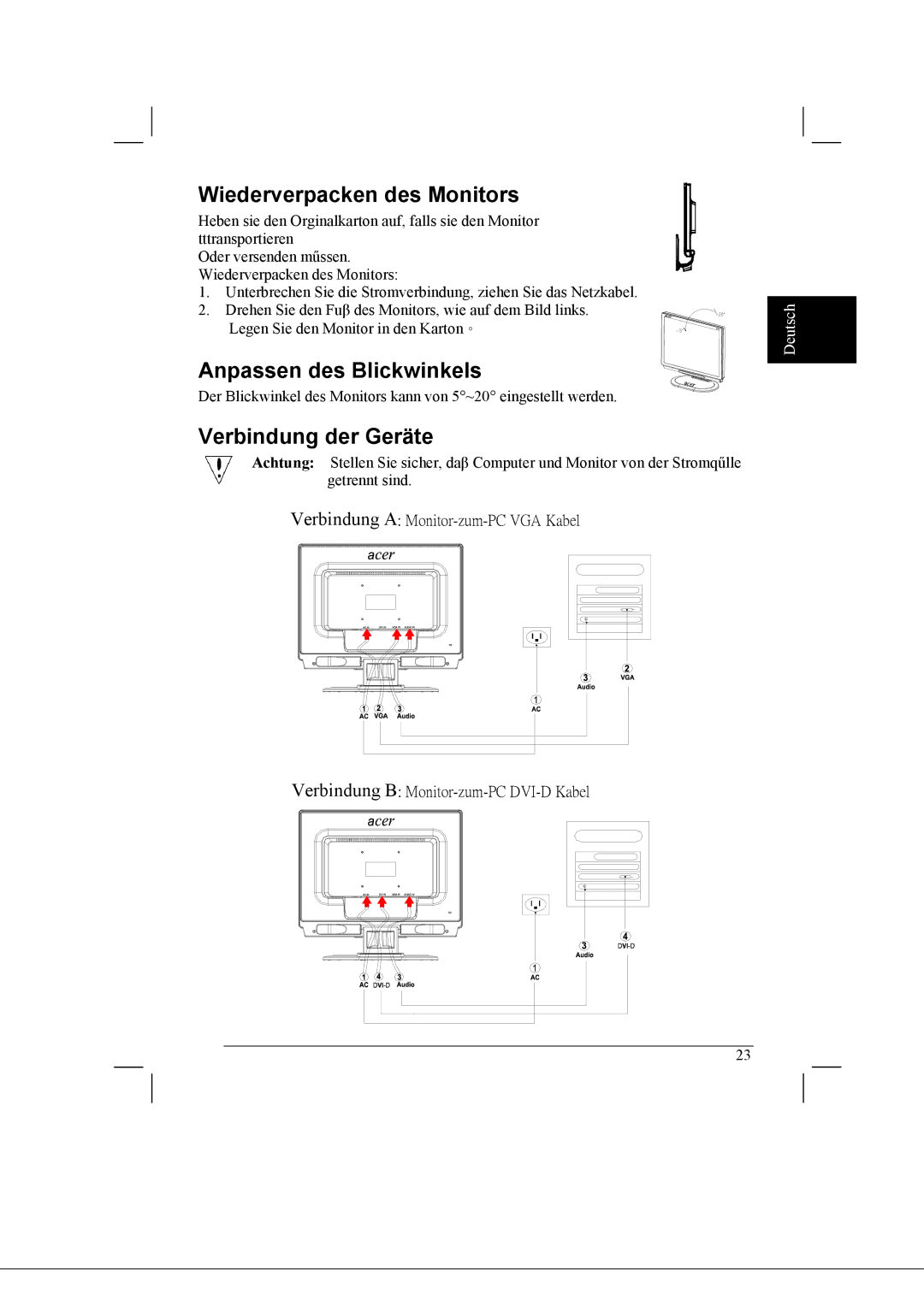 Acer AL2021 manual Wiederverpacken des Monitors, Anpassen des Blickwinkels, Verbindung der Geräte 