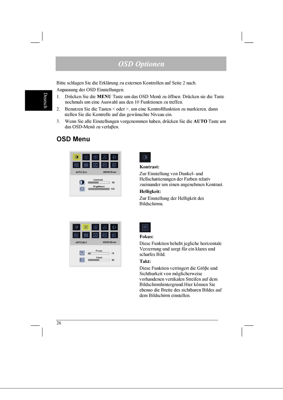 Acer AL2021 manual OSD Optionen, Kontrast, Helligkeit, Fokus, Takt 