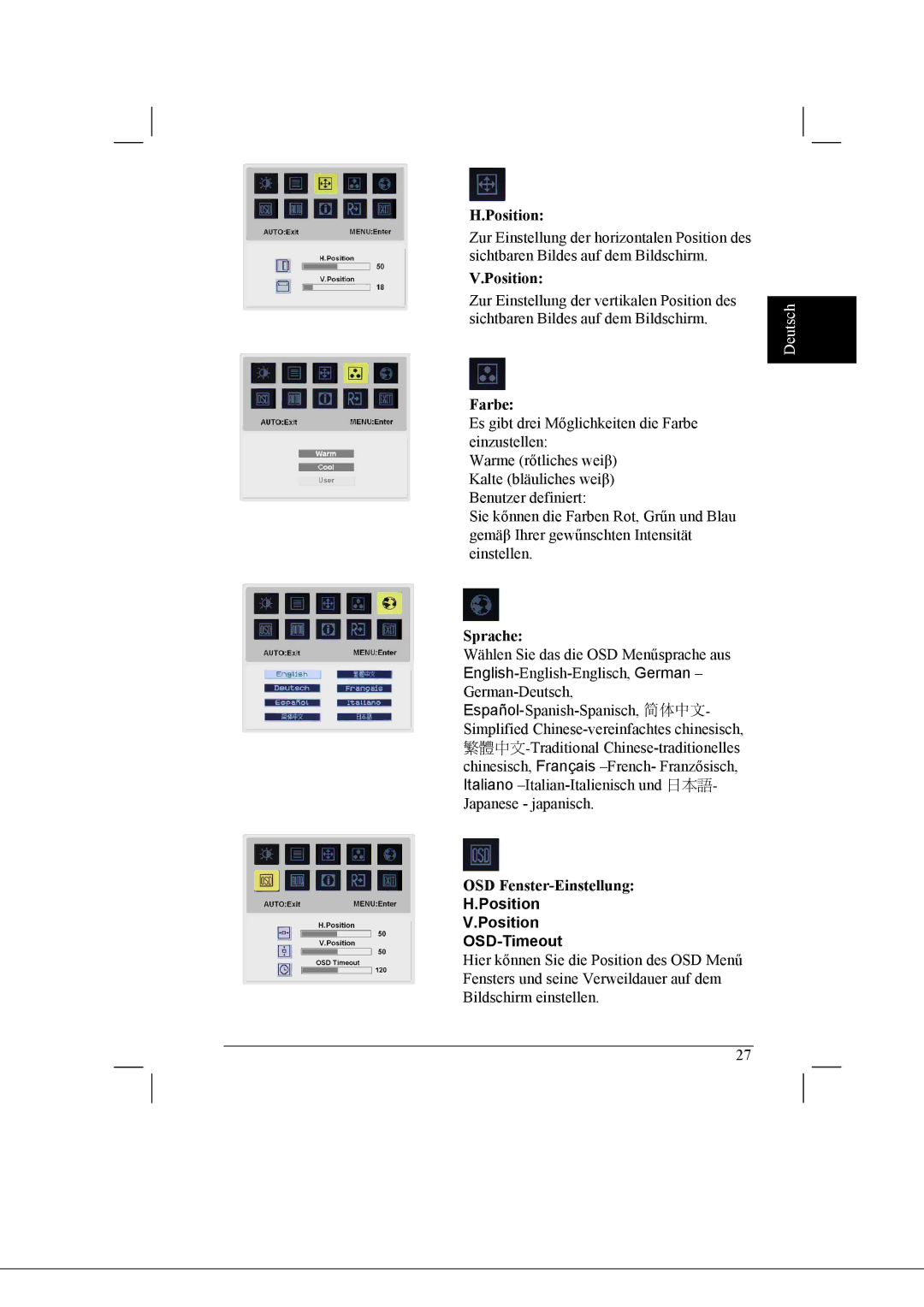 Acer AL2021 manual Farbe, Sprache, OSD Fenster-Einstellung 