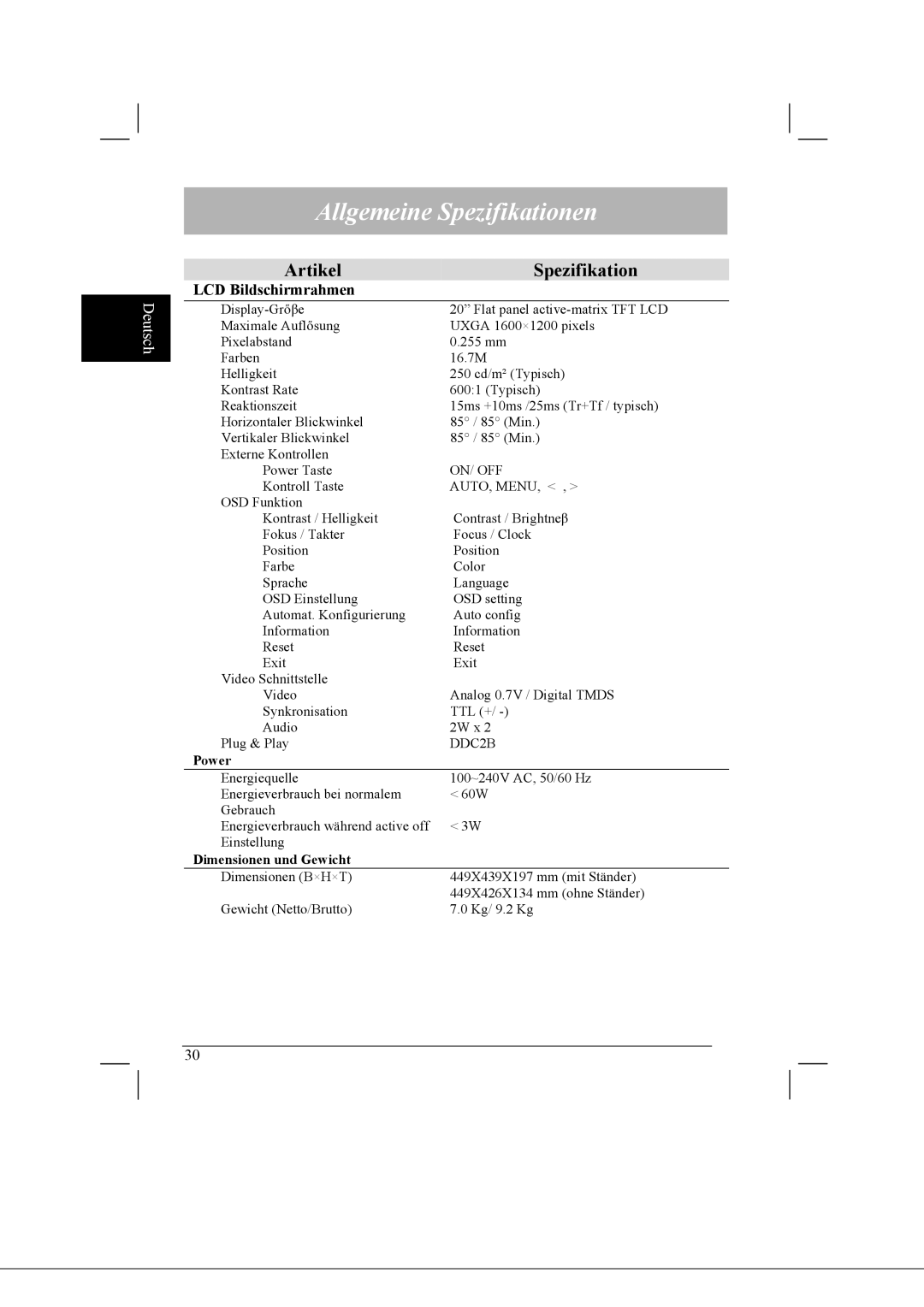 Acer AL2021 manual Allgemeine Spezifikationen, Artikel Spezifikation, LCD Bildschirmrahmen 