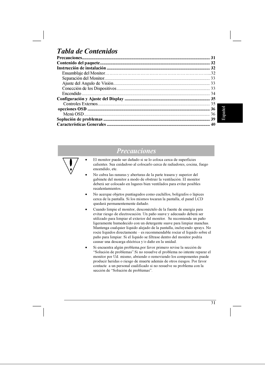 Acer AL2021 manual Tabla de Contenidos, Precauciones 