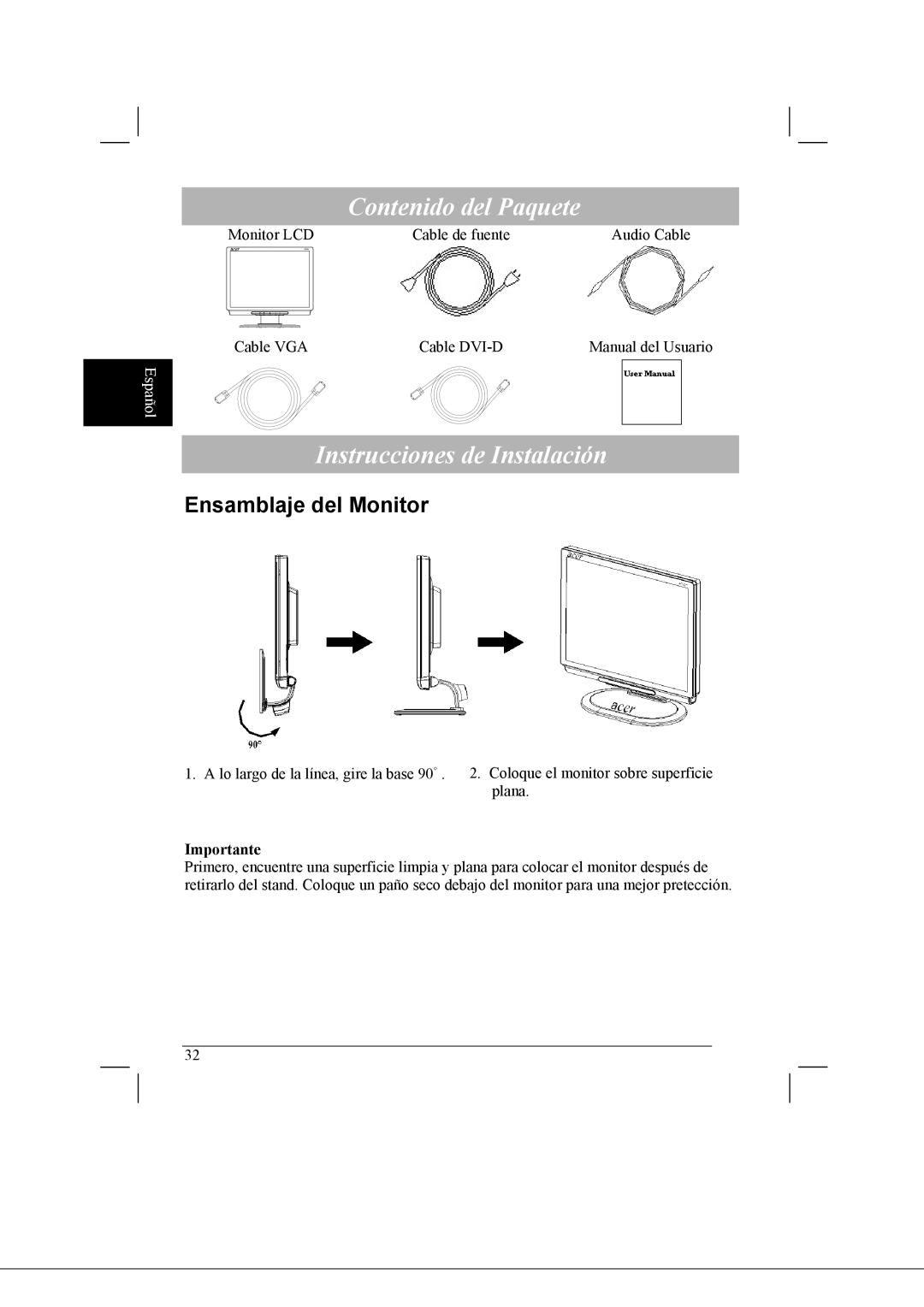 Acer AL2021 manual Contenido del Paquete, Instrucciones de Instalación, Ensamblaje del Monitor, Importante 