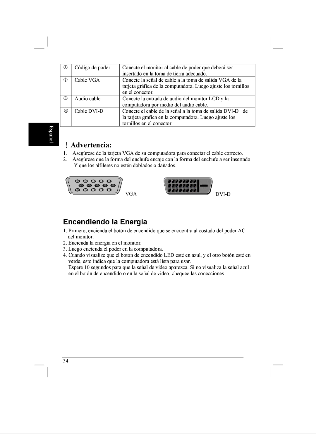 Acer AL2021 manual ！Advertencia, Encendiendo la Energía 