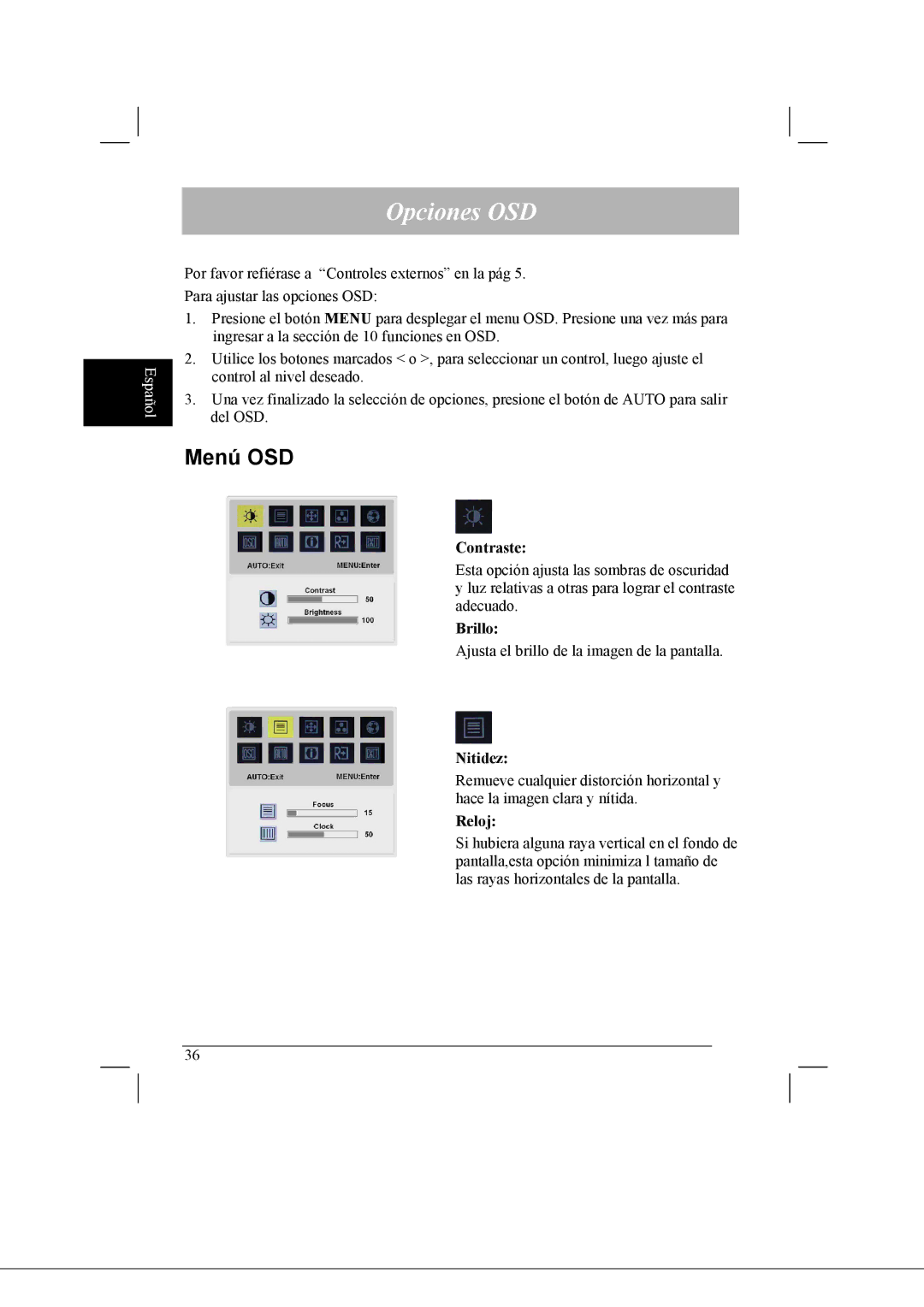 Acer AL2021 manual Opciones OSD, Menú OSD, Brillo, Nitidez, Reloj 