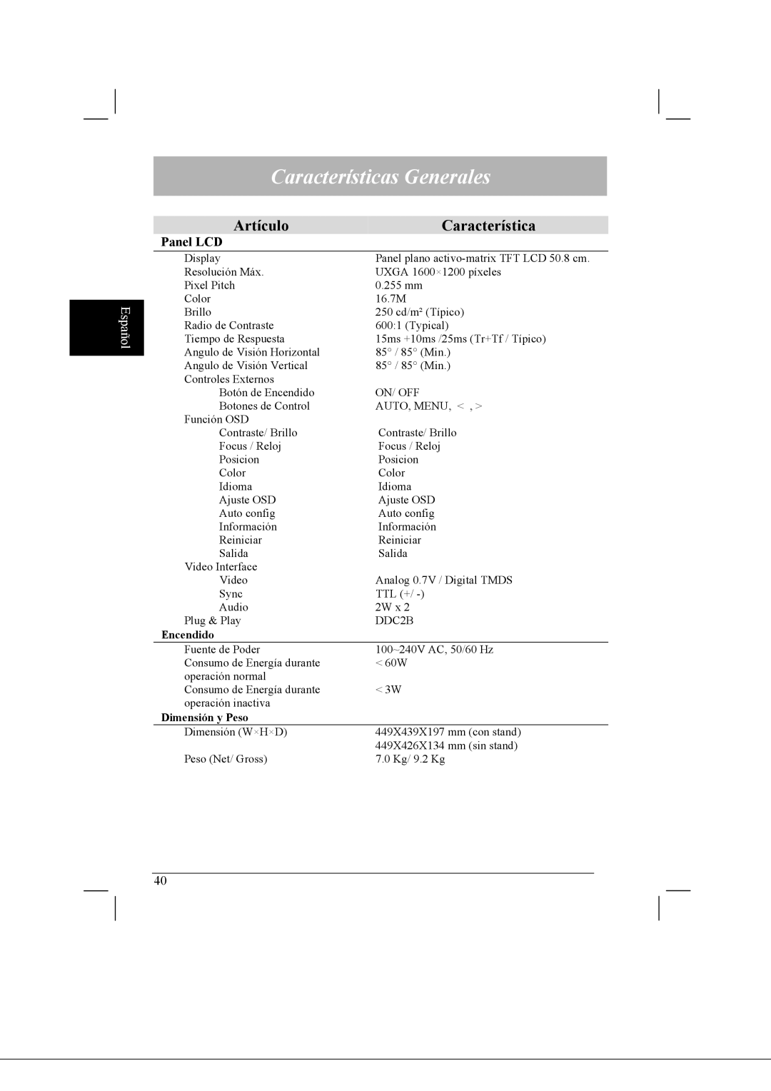 Acer AL2021 manual Características Generales, Artículo Característica, Panel LCD 