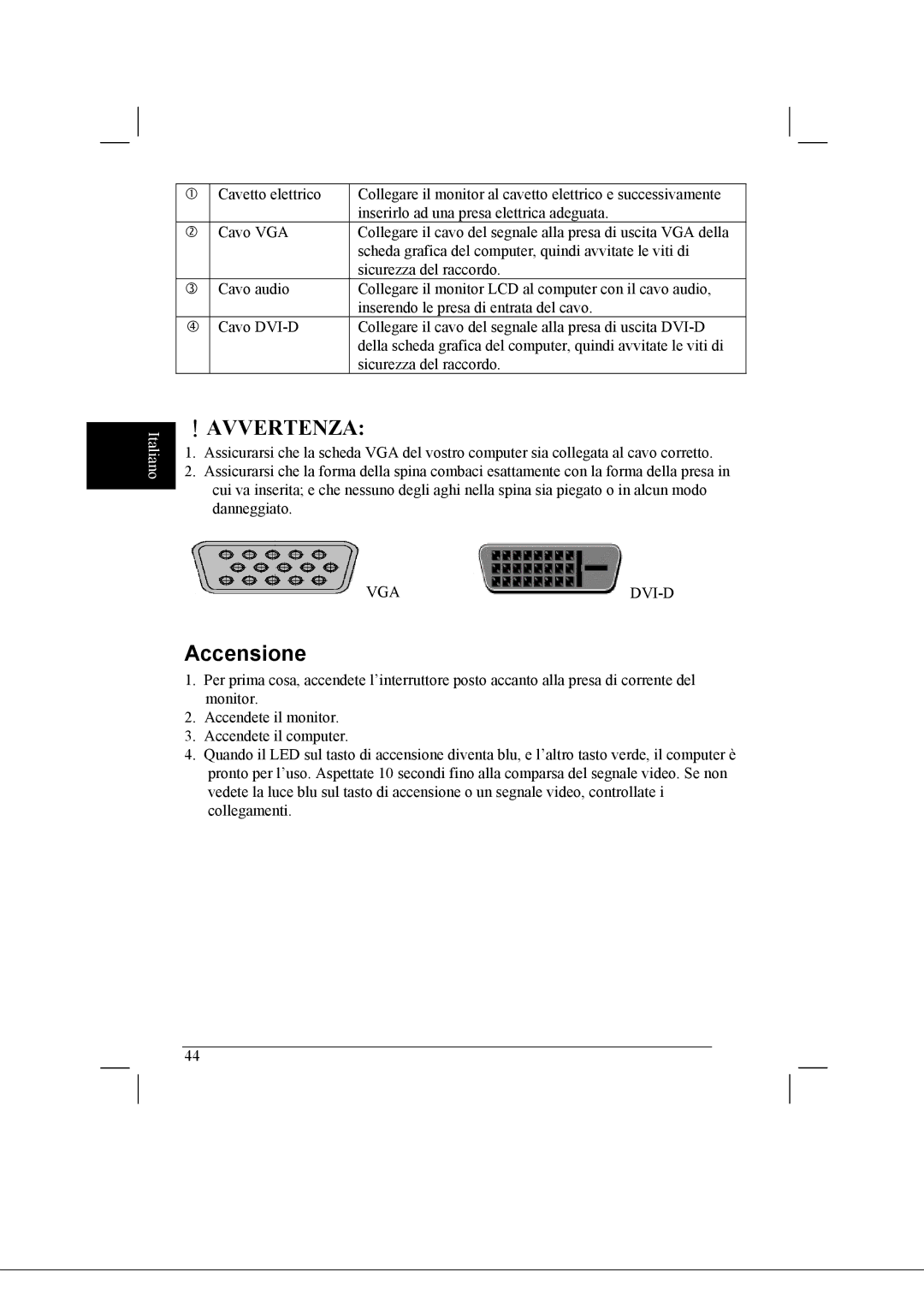 Acer AL2021 manual ！Avvertenza, Accensione 