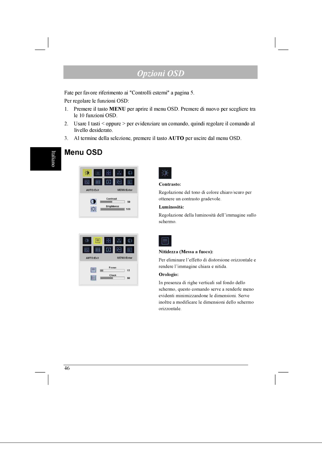 Acer AL2021 manual Opzioni OSD, Orologio 