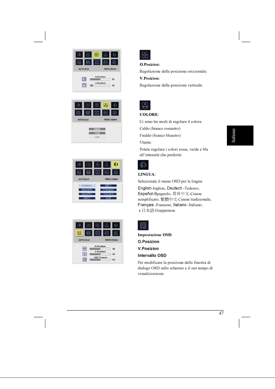 Acer AL2021 manual Posizion Intervallo OSD 