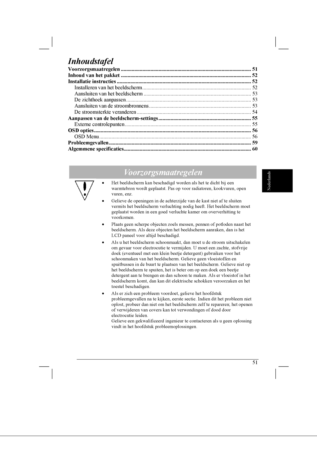 Acer AL2021 manual Inhoudstafel, Voorzorgsmaatregelen 