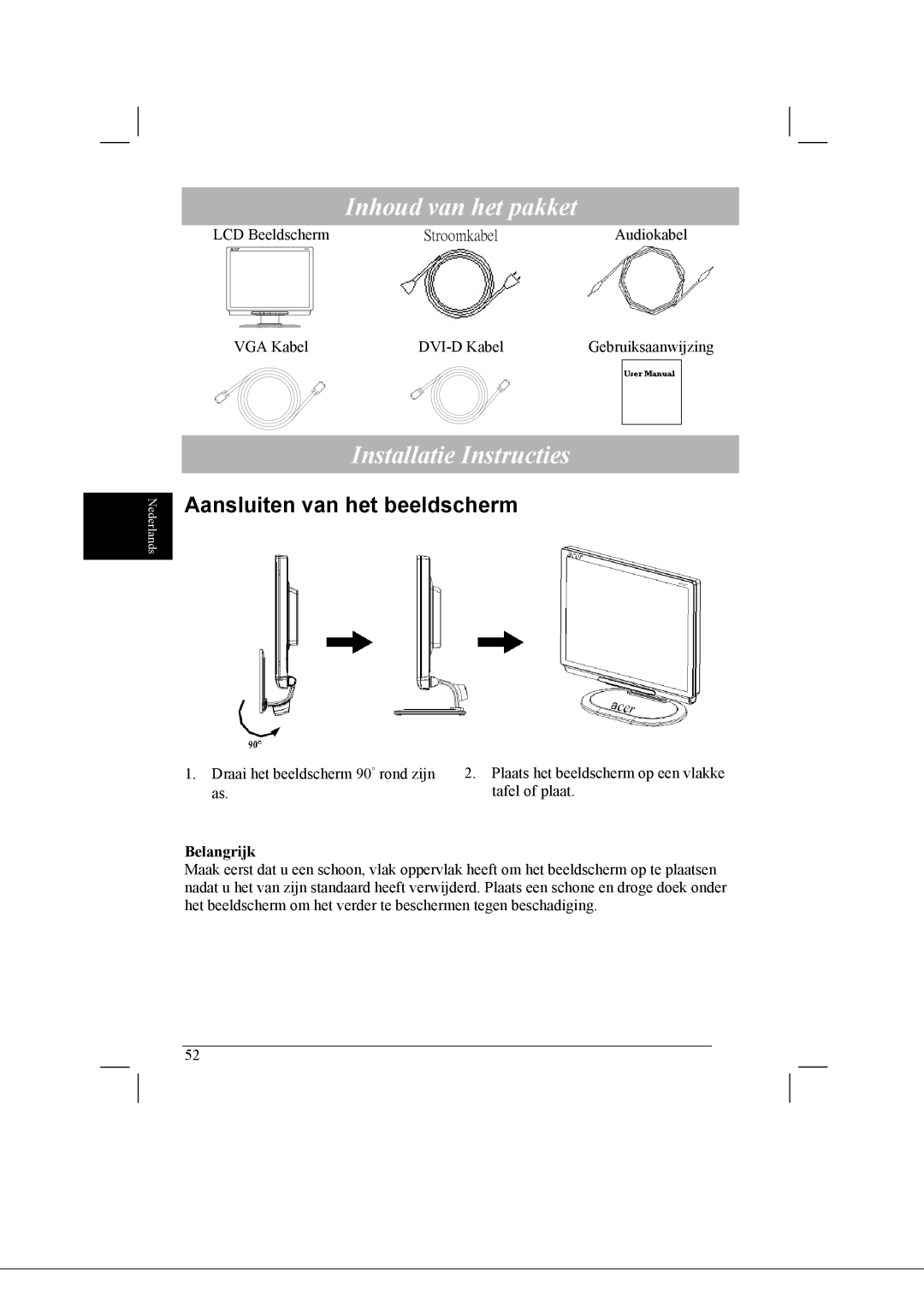 Acer AL2021 manual Inhoud van het pakket, Installatie Instructies, Aansluiten van het beeldscherm, Belangrijk 