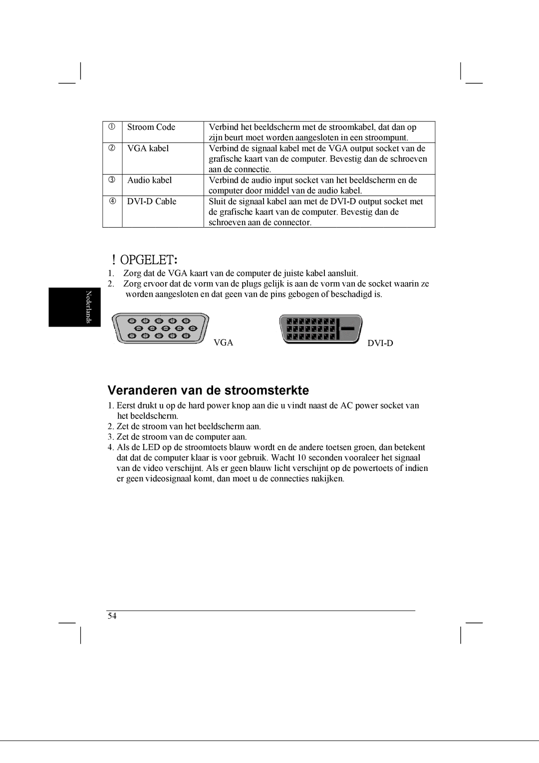 Acer AL2021 manual ！Opgelet, Veranderen van de stroomsterkte 