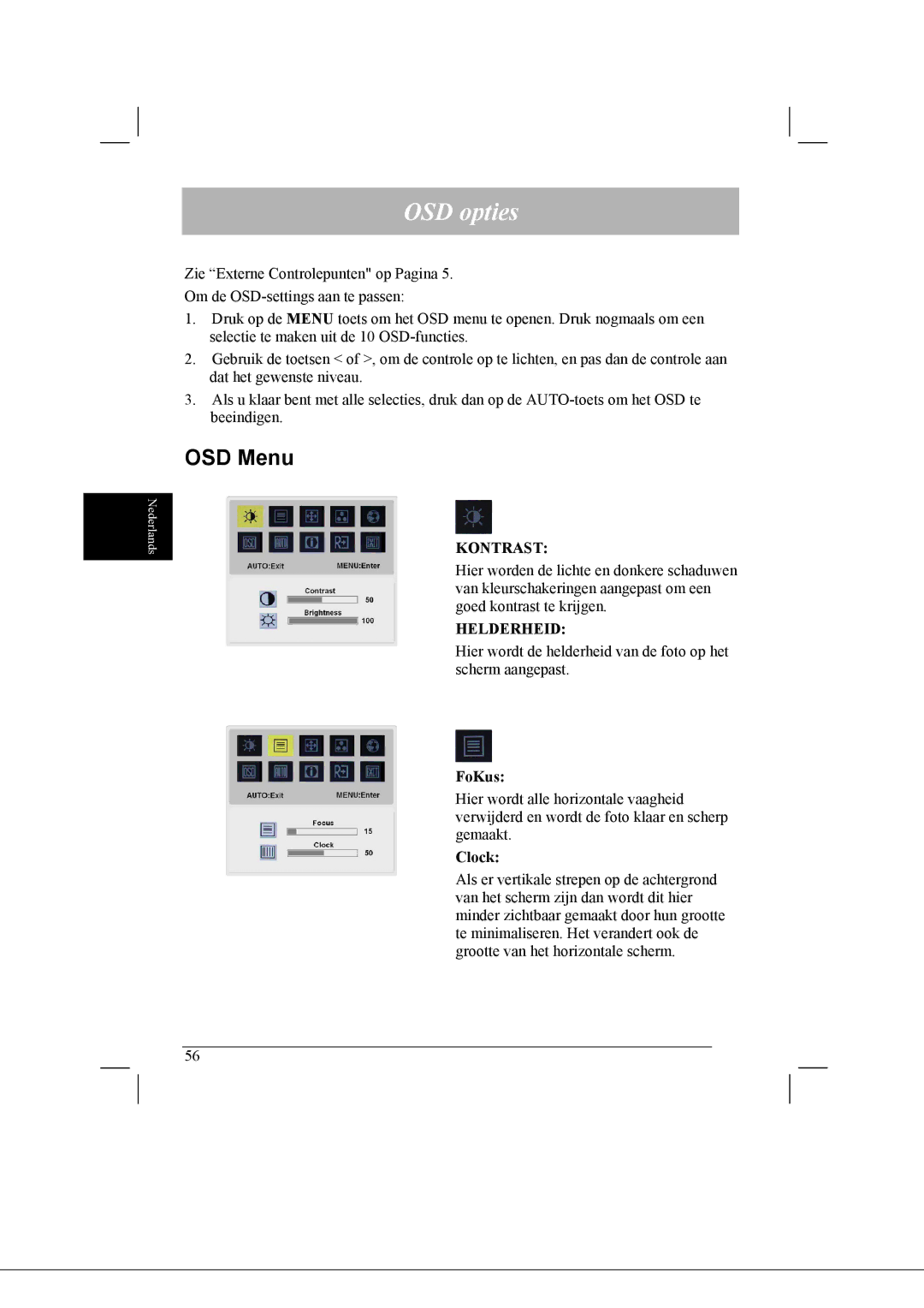 Acer AL2021 manual OSD opties, Kontrast, Helderheid 