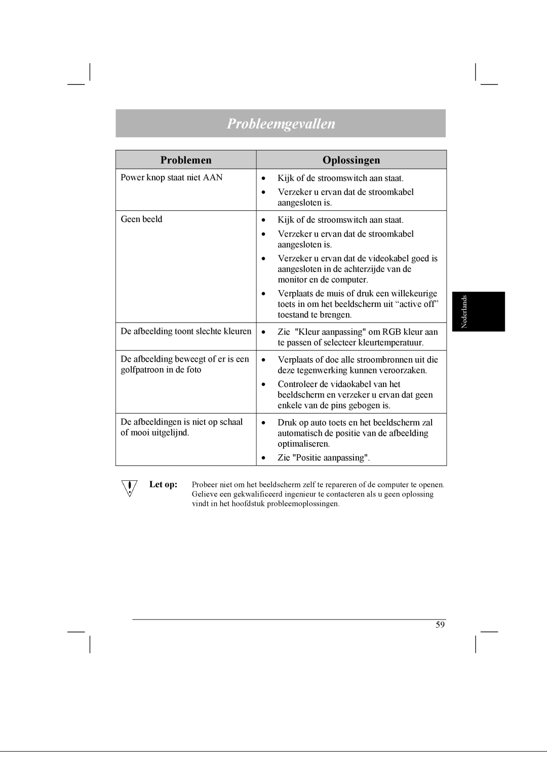 Acer AL2021 manual Probleemgevallen, Problemen Oplossingen 